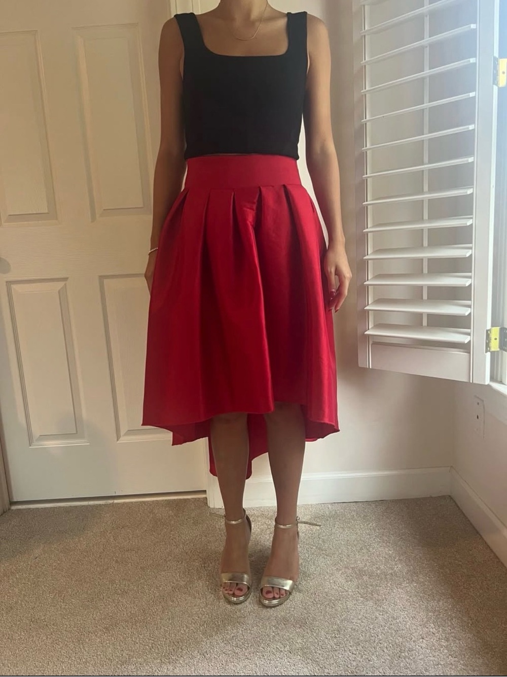 Red Pleated Midi Skirt - Women's Elegant Full Skirt